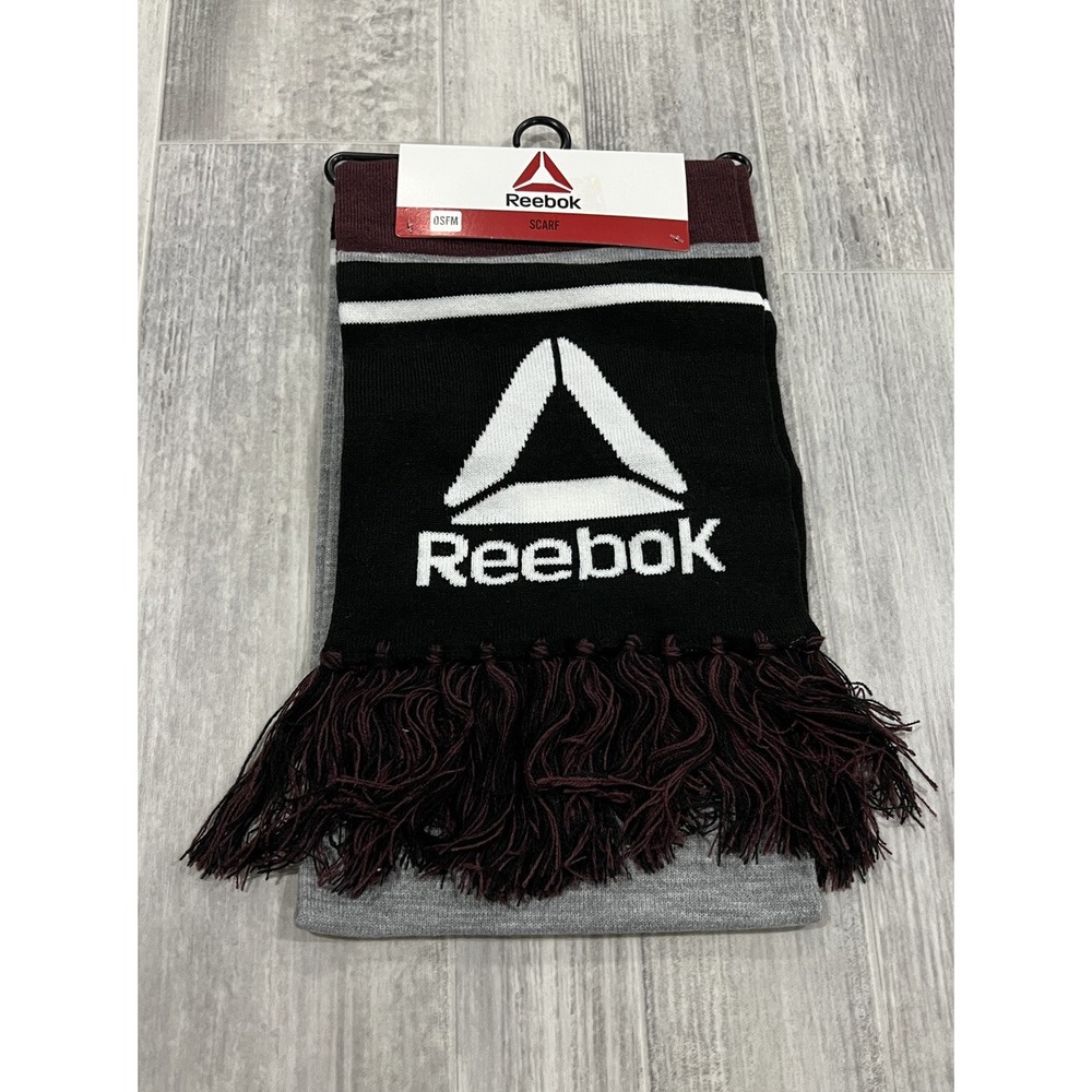 Reebok Scarf with Fringe‎ Gray Wine Black White Logo SOFT Recycled Material NEW